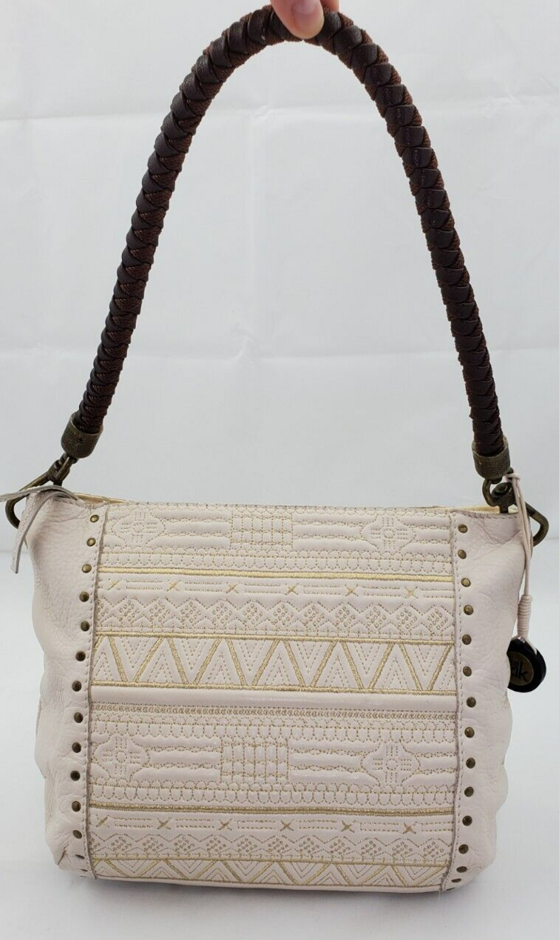 The Sak Used Leather off-White Studded Tribal Embroidered Bag Braided handle